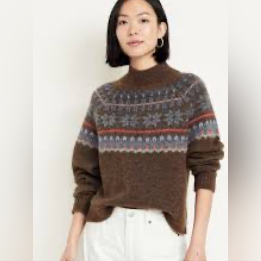 NWT Old Navy Brown Fair Isle Wool Blend Pullover Sweater w/ Blue Accents (14) - Picture 2 of 10